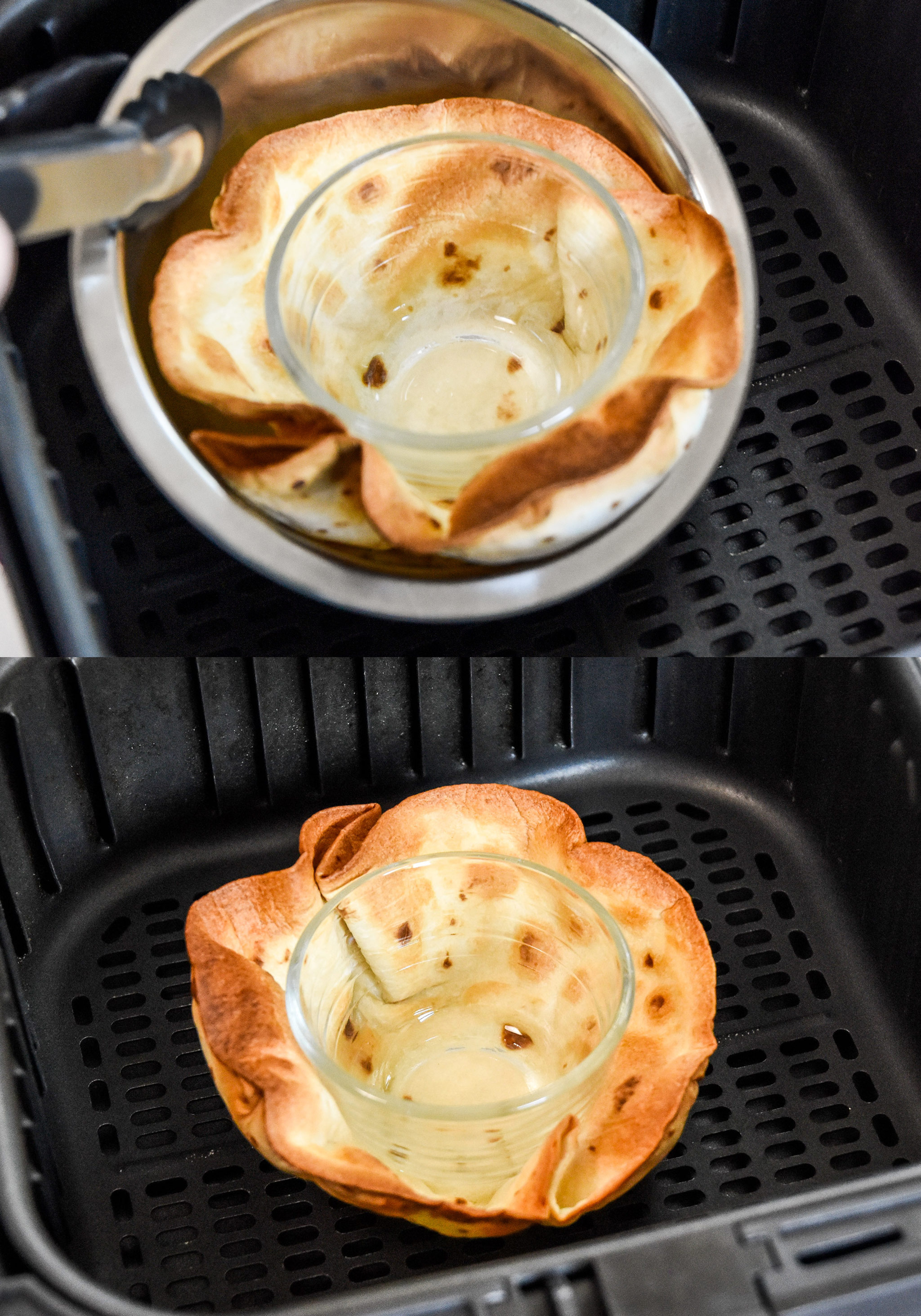 cooking a flour tortilla in an air fryer into a bowl shape